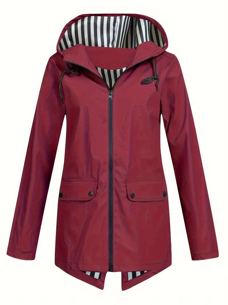 Women's hooded rain jacket with striped lining and flap pockets