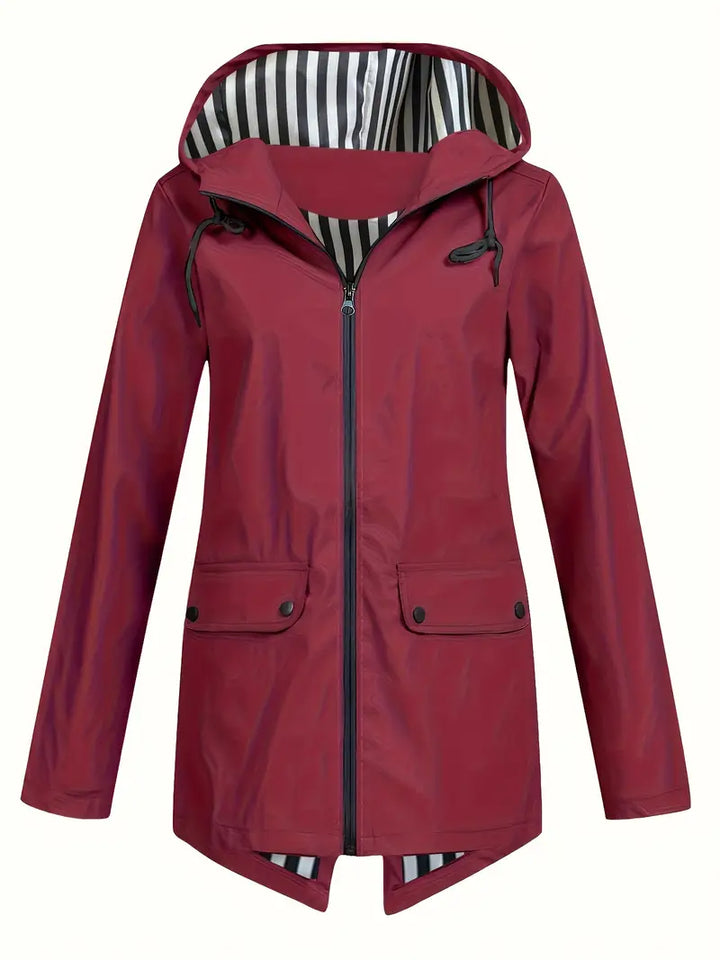 Women's hooded rain jacket with striped lining and flap pockets