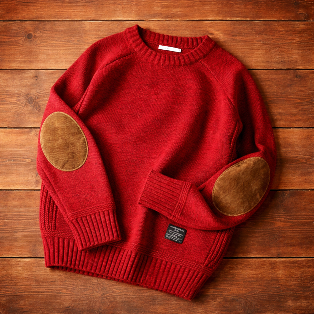 Women's crew-neck knit sweater with raglan sleeves and elbow patches