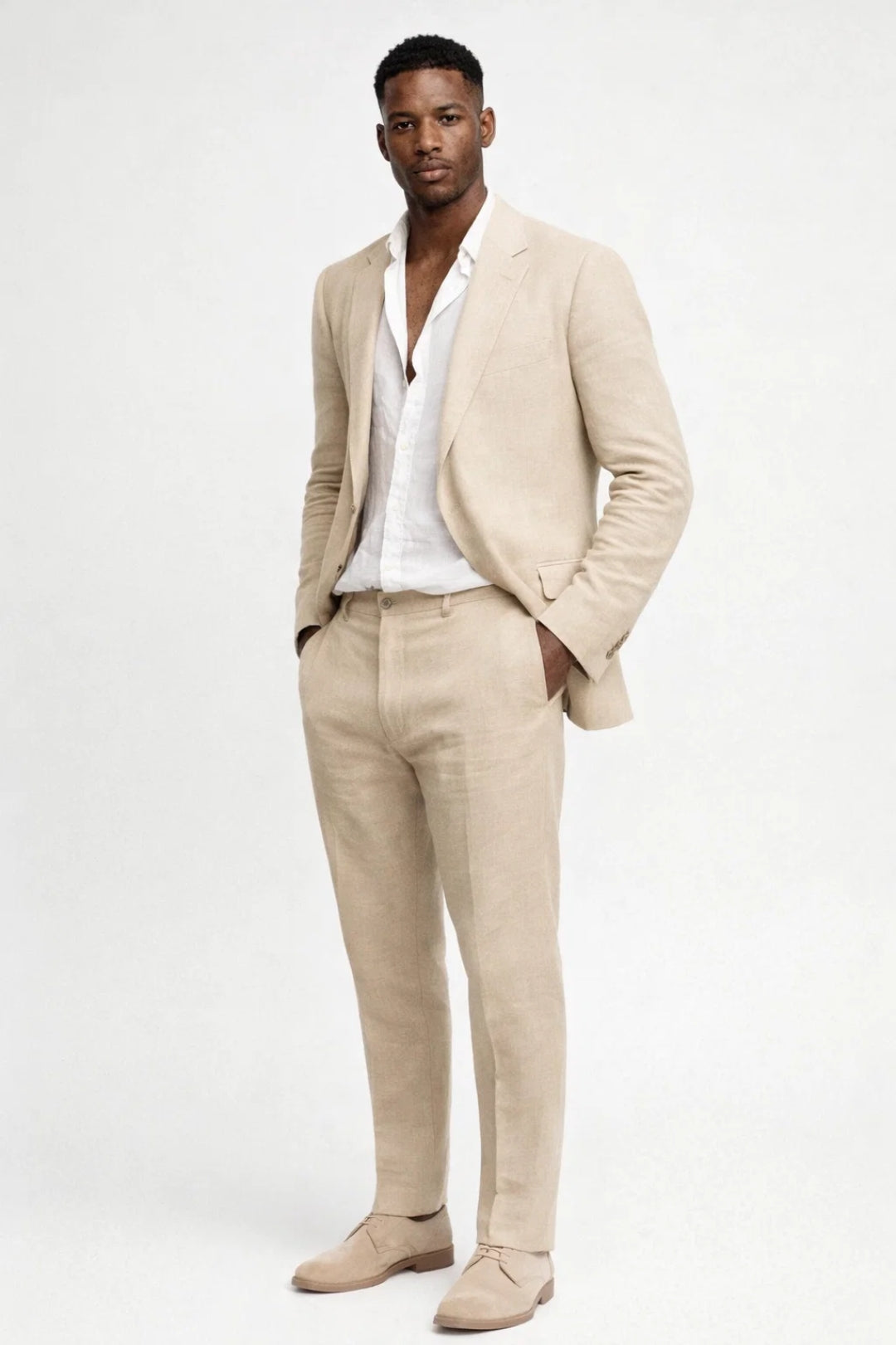 Men's tailored two-piece suit with structured blazer and matching trousers