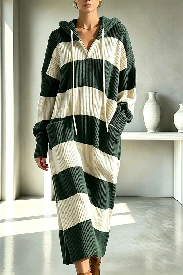 Women's hooded ribbed knit midi dress with broad horizontal stripes and front pockets