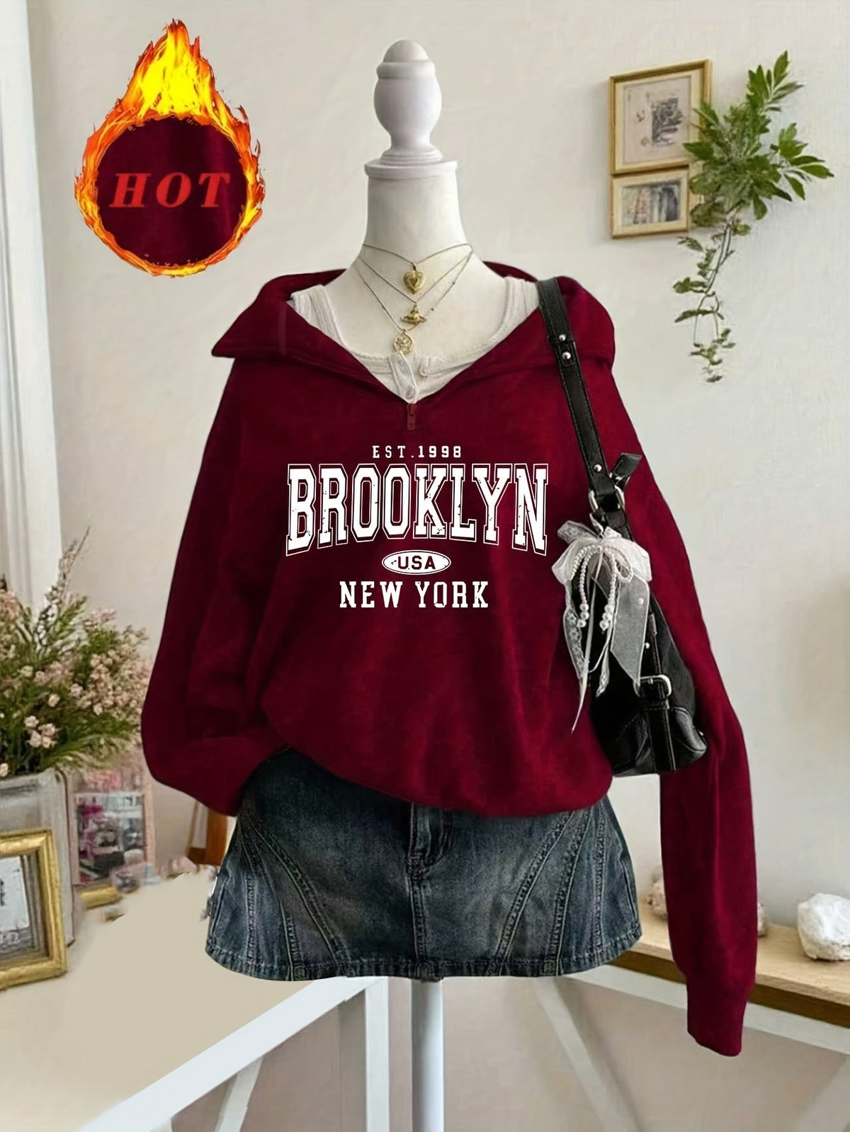 Women's hooded Brooklyn print zip hoodie with long sleeves