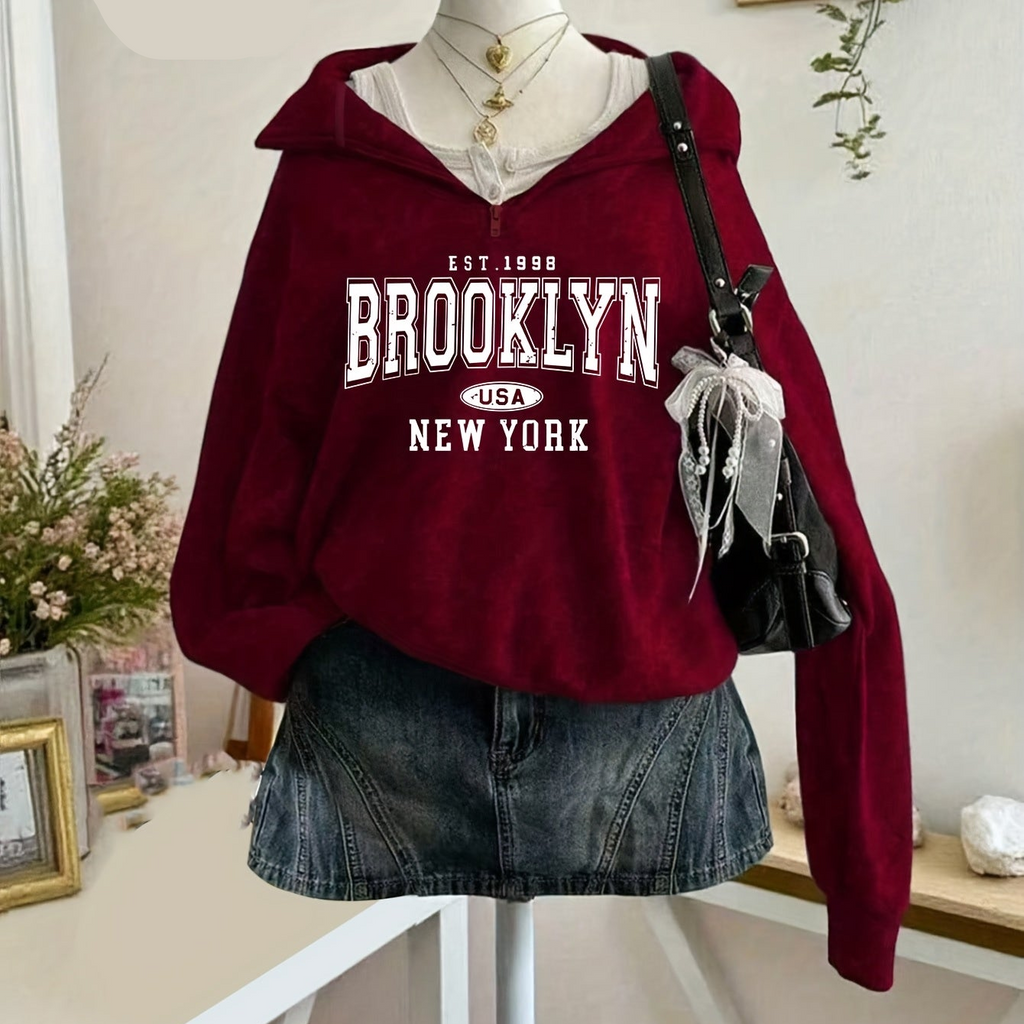 Women's hooded Brooklyn print zip hoodie with long sleeves