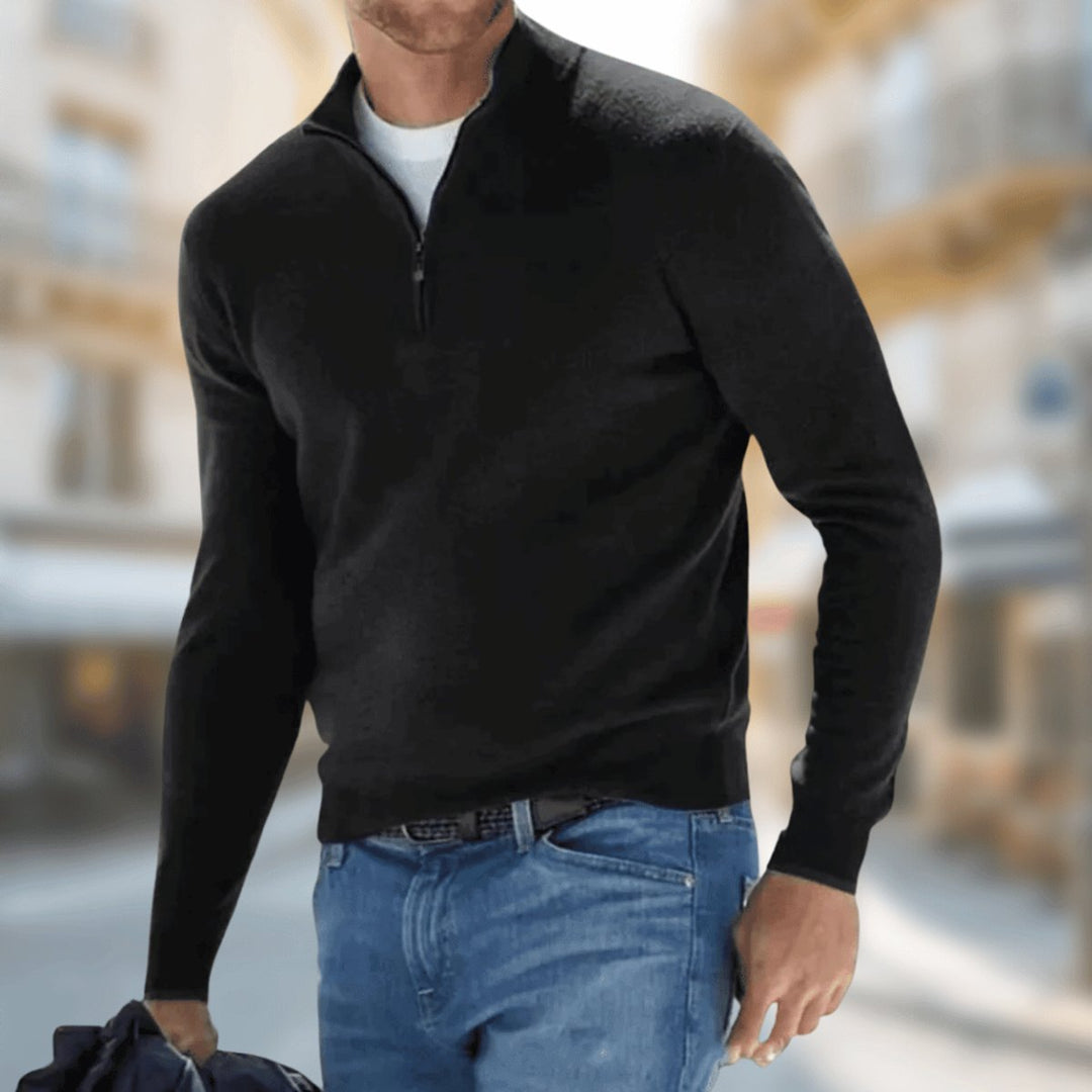 Men's long-sleeve quarter-zip knit sweater with mock neck