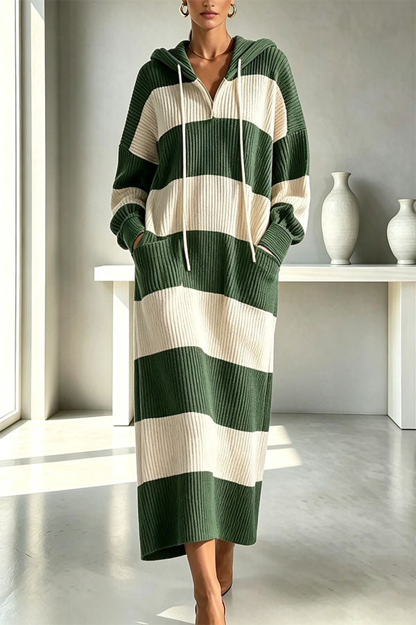 Women's hooded ribbed knit midi dress with broad horizontal stripes and front pockets