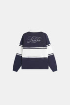 Navy and white color block polo sweatshirt with long sleeves
