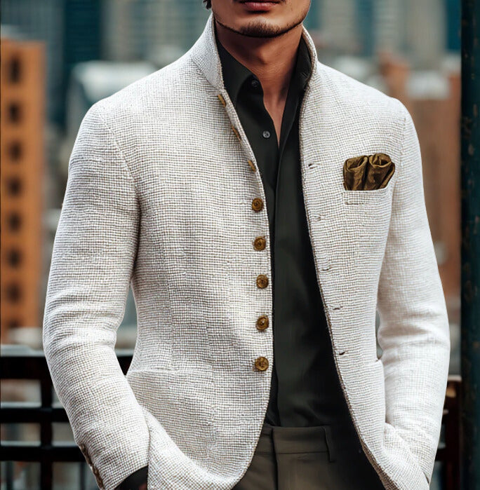 Men's white textured jacket with stand collar and button front