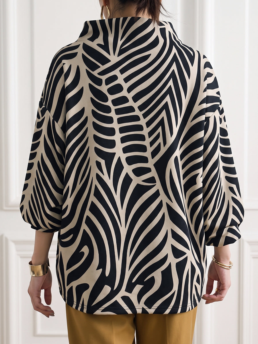 Women's abstract black and white high-neck sweatshirt with long sleeves