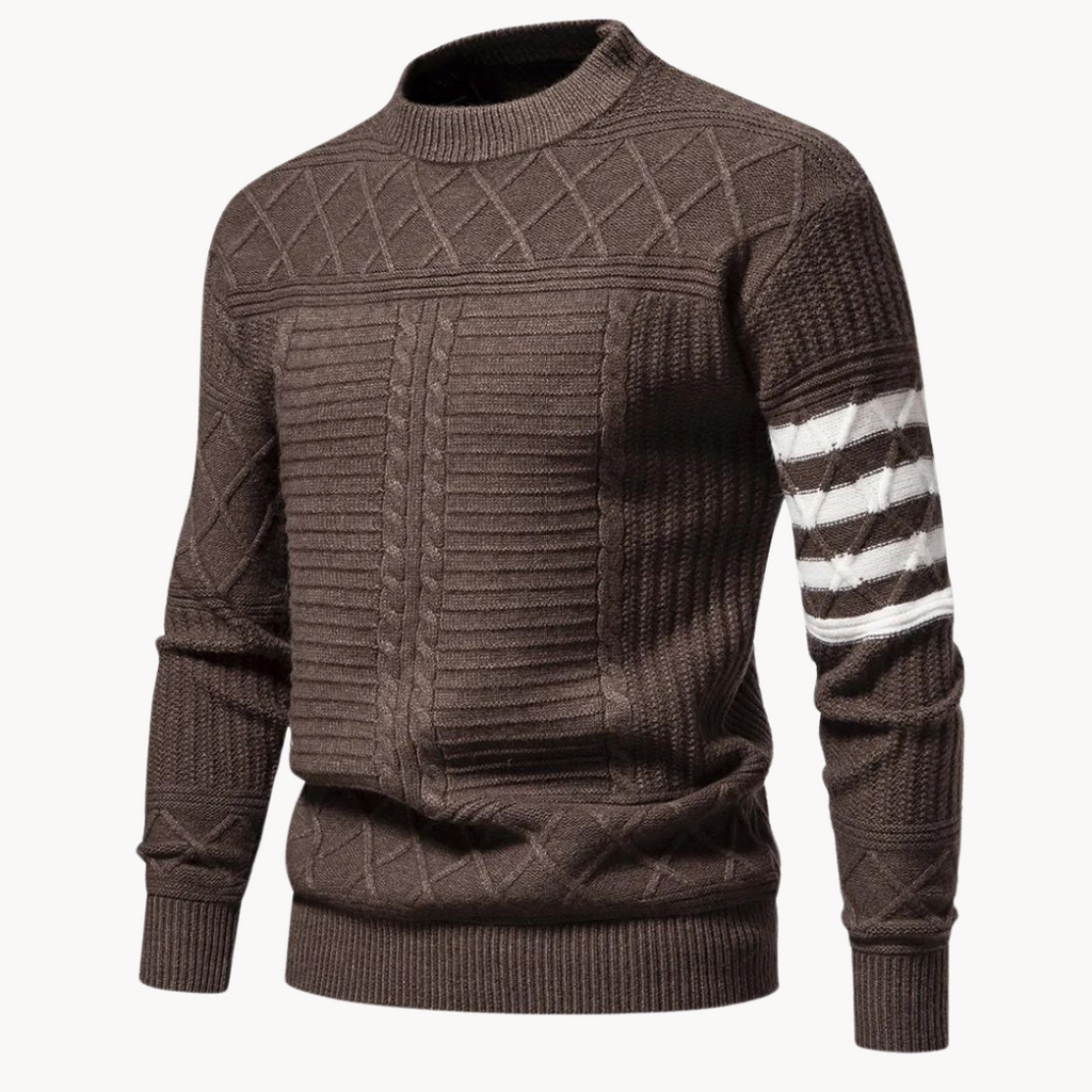 Men's cable knit crew neck jumper with patterned sleeves