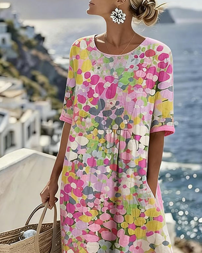 Women's multicolour floral print midi dress with round neck and 3/4 sleeves