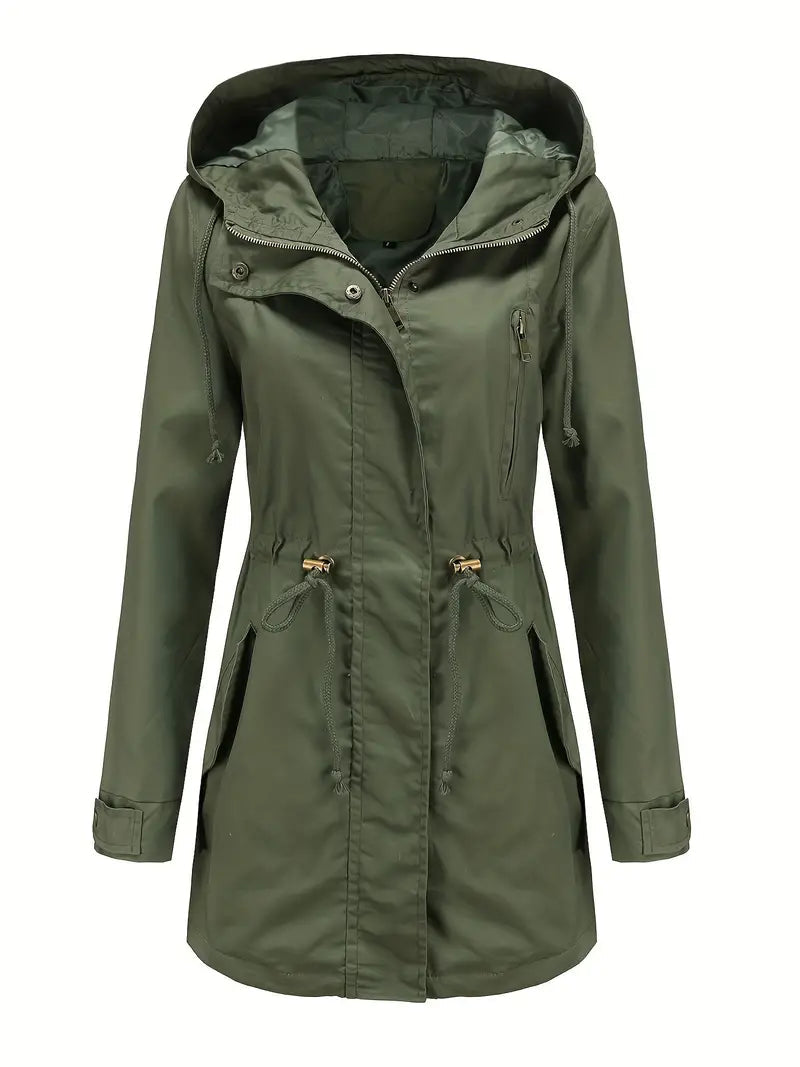 Women's long hooded parka jacket with drawstring waist, long sleeves and front zip