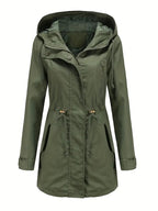 Women's long hooded parka jacket with drawstring waist, long sleeves and front zip