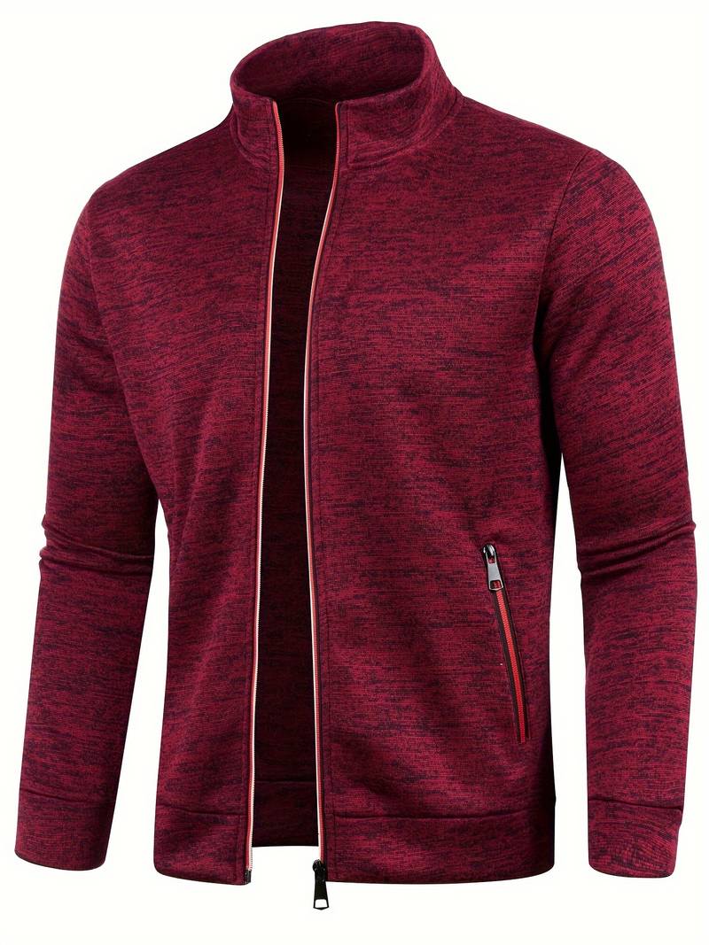 Men's textured zip-up cardigan with stand collar and zipped pockets