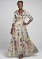 Women's floral wrap maxi dress with V-neckline and three-quarter sleeves