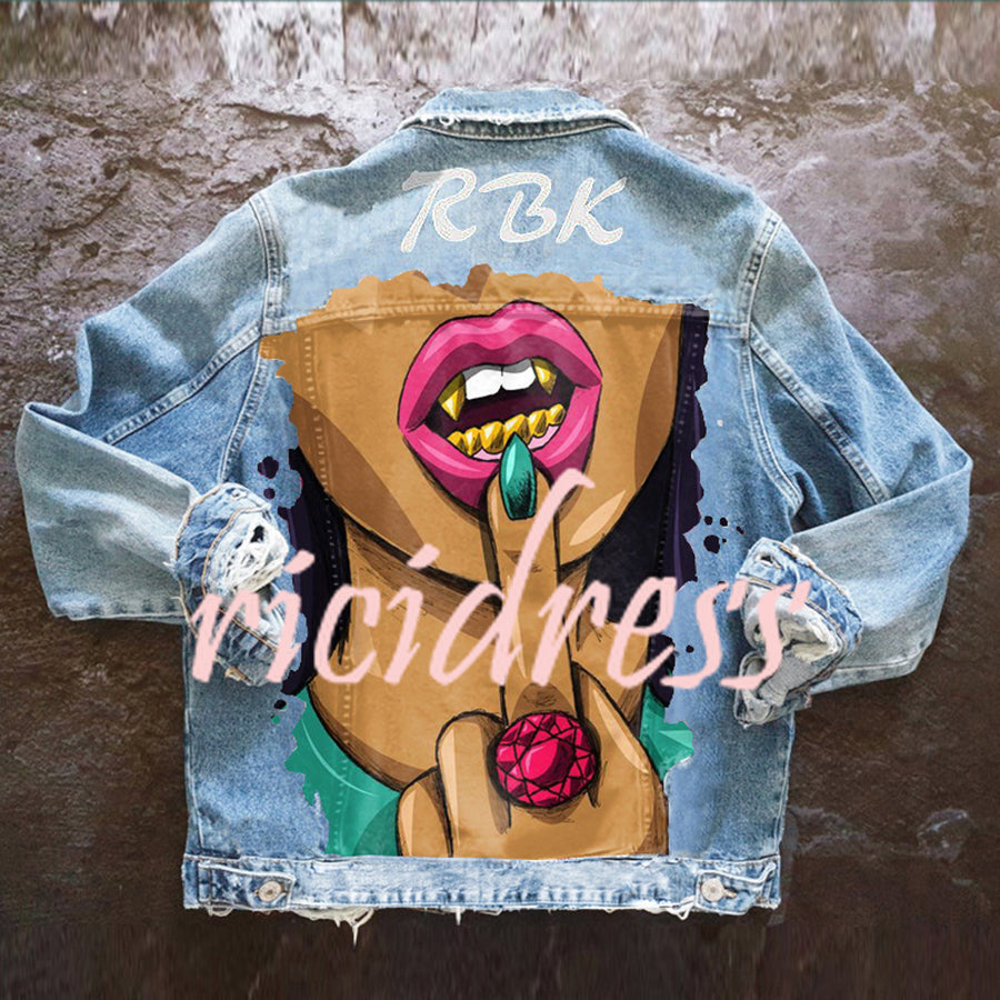Denim jacket with colourful Halloween graphic on the back