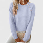 Women's long-sleeve crew neck jumper with shoulder buttons and cropped hem