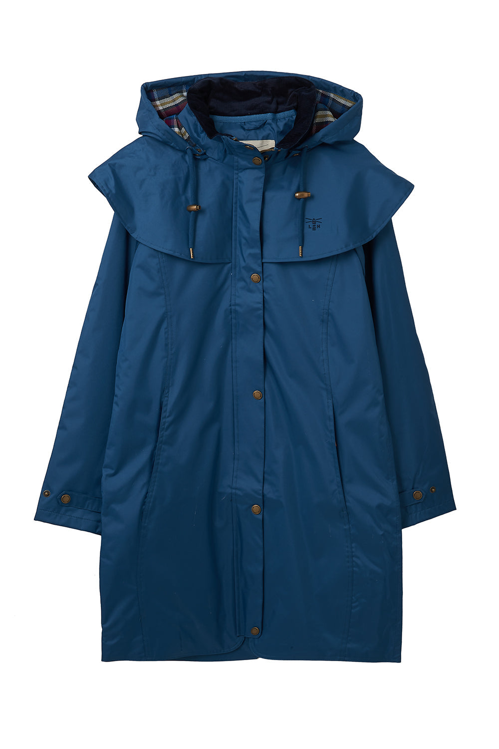 Women's hooded long raincoat with cape overlay and button front