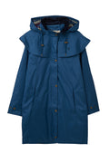 Women's hooded long raincoat with cape overlay and button front