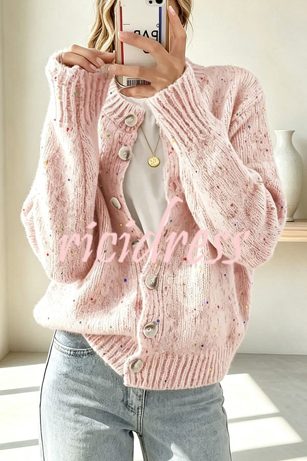 Women's knitted cardigan with scattered dots, long sleeves and button front