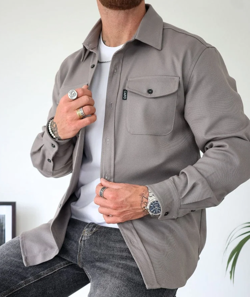 Men's long sleeve shirt jacket with chest pockets