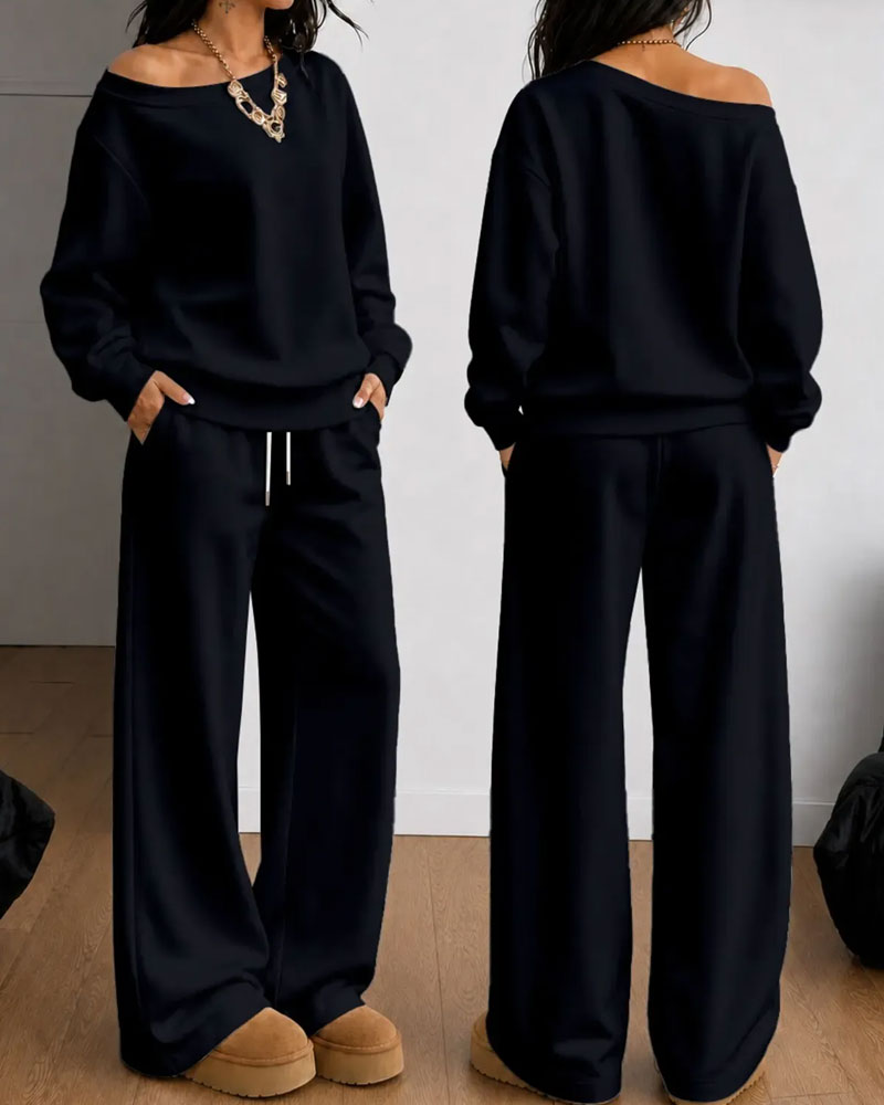 Women's one-shoulder sweatshirt and wide-leg trouser set