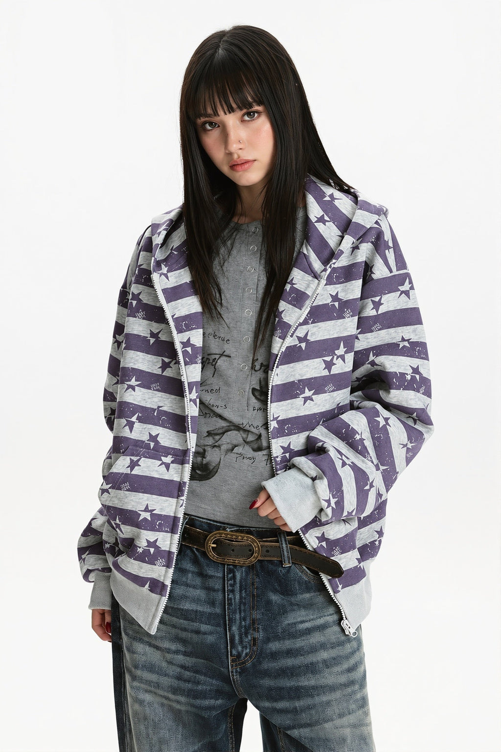 Women's striped star print zip hoodie with hood and ribbed trims