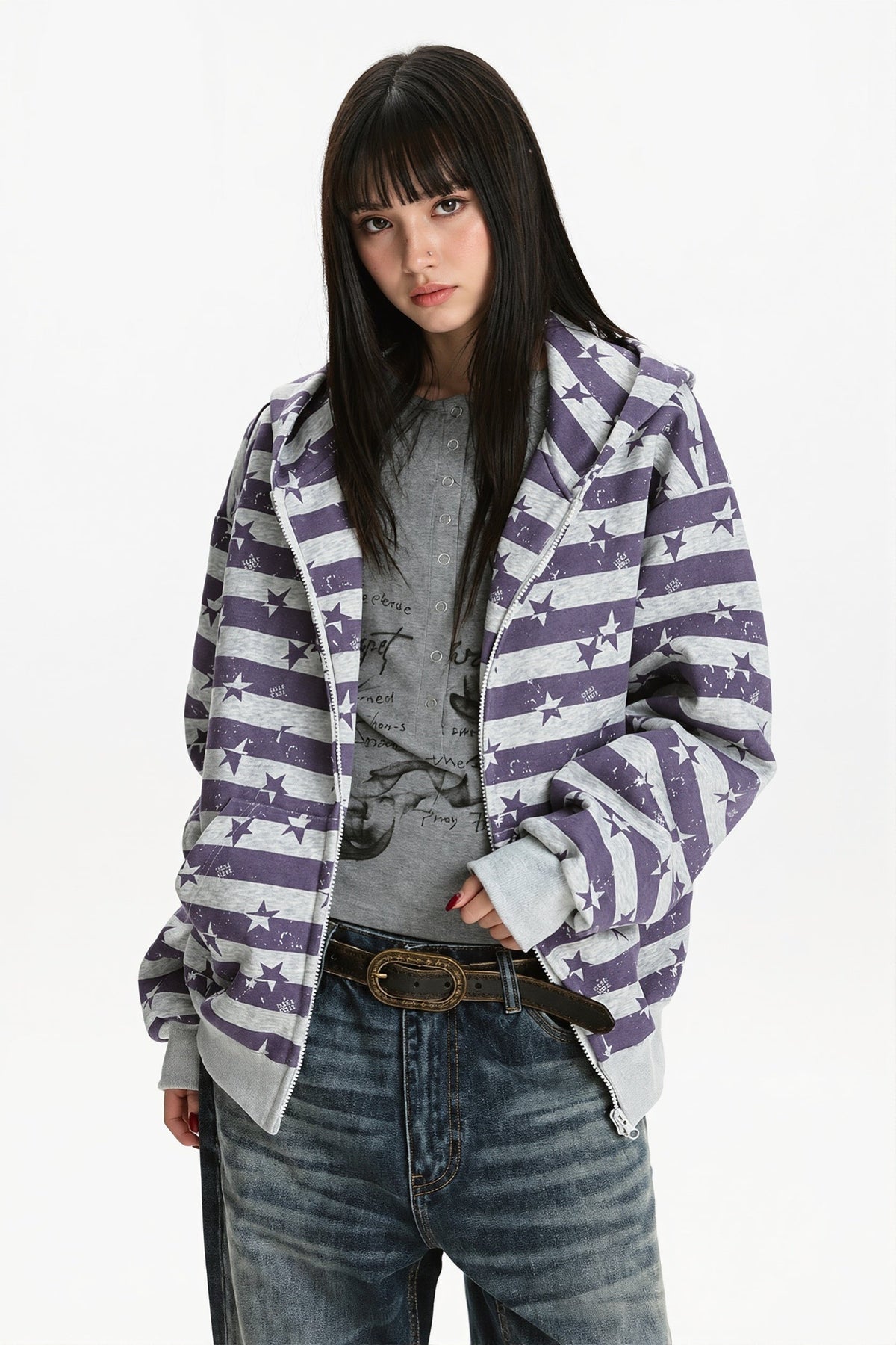 Women's striped star print zip hoodie with hood and ribbed trims