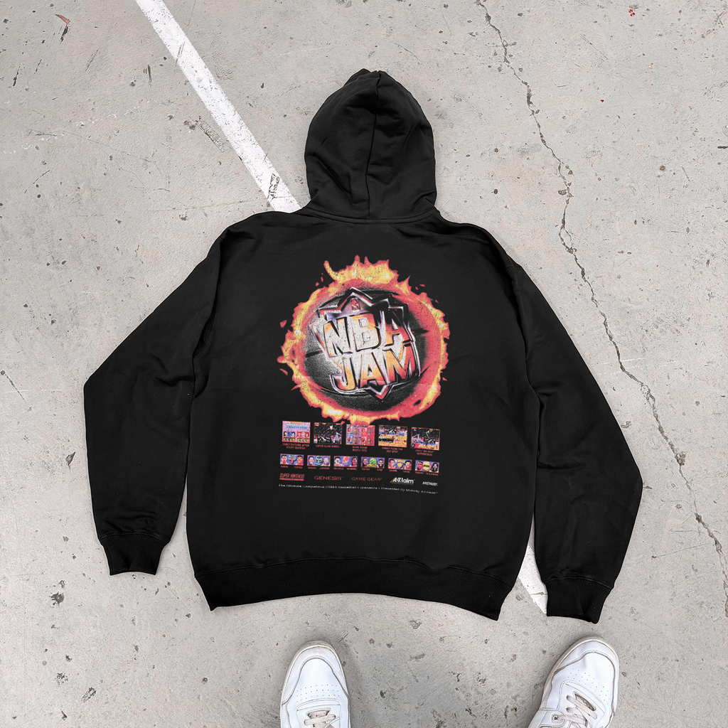 Black unisex hoodie with NBA JAM flame basketball back graphic