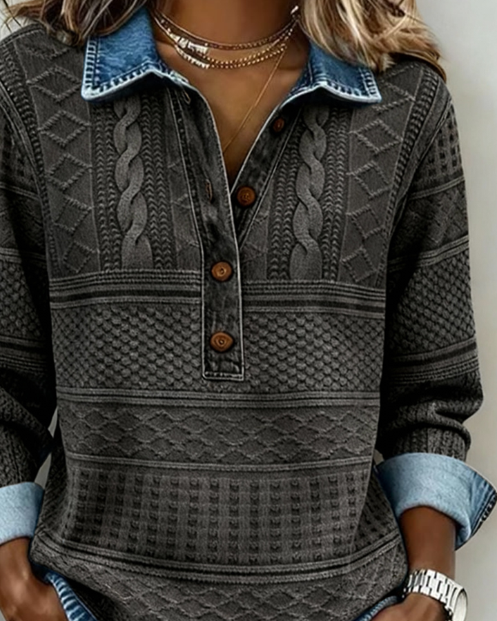 Women's textured collared jumper with button placket and long sleeves