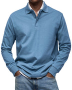 Men's long sleeve polo sweater with collar, button placket and ribbed trims