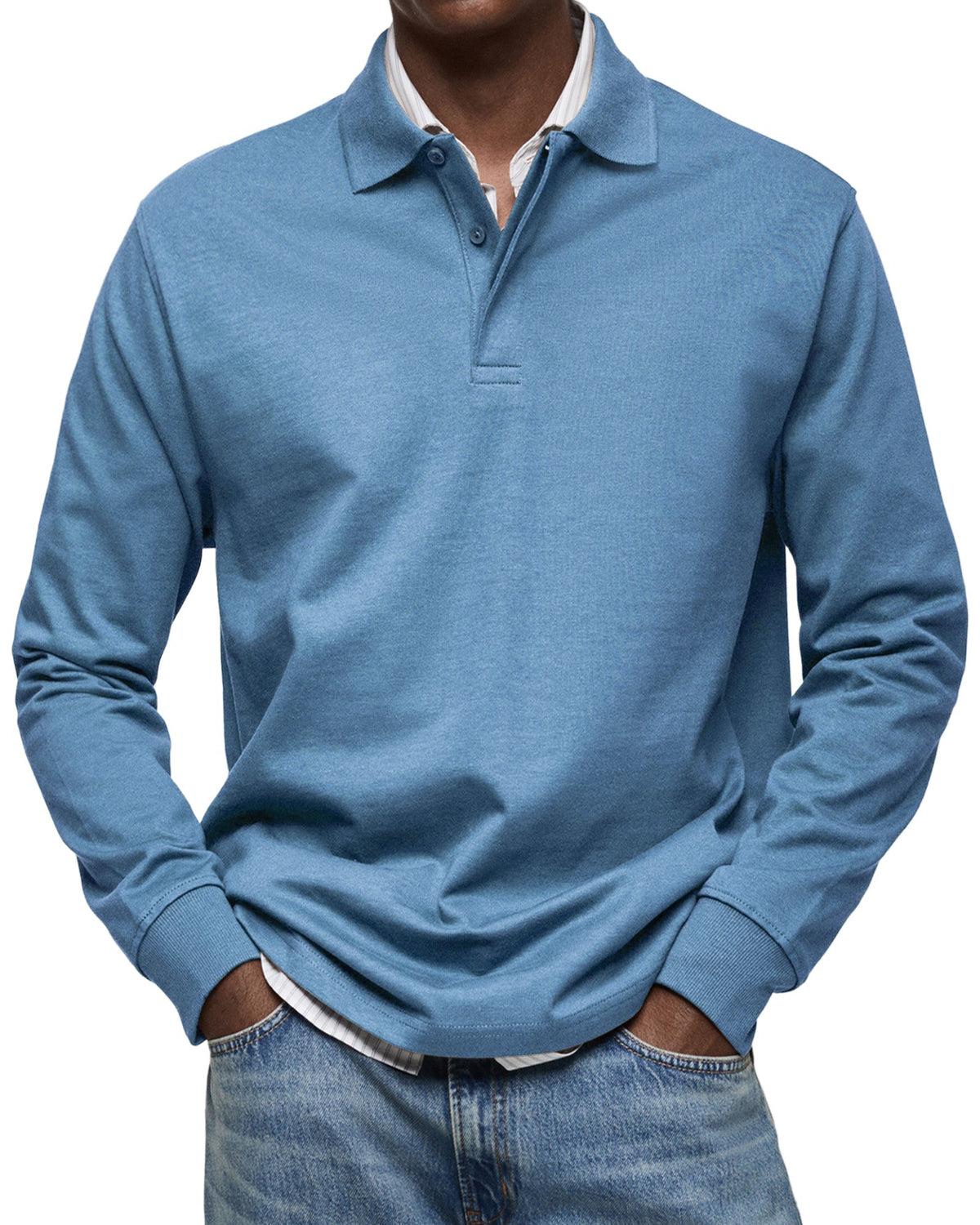 Men's long sleeve polo sweater with collar, button placket and ribbed trims