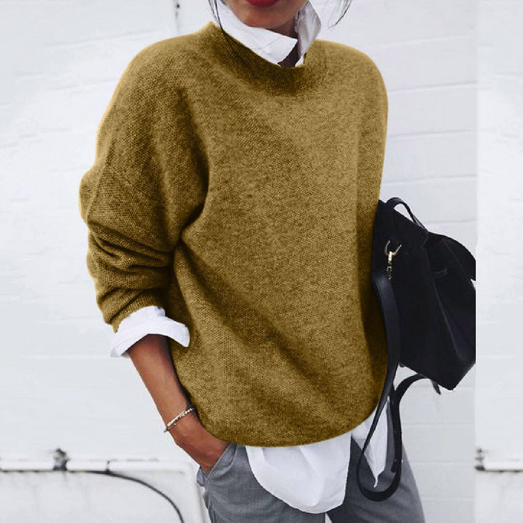 Women's crewneck knit sweater with long sleeves and relaxed fit
