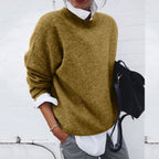 Women's crewneck knit sweater with long sleeves and relaxed fit