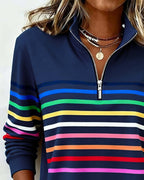 Women's quarter-zip sweatshirt with colourful horizontal stripes and long sleeves