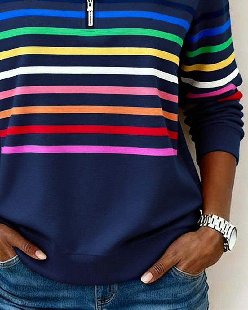 Women's quarter-zip sweatshirt with colourful horizontal stripes and long sleeves