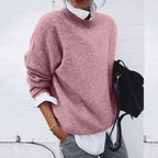 Women's crewneck knit sweater with long sleeves and relaxed fit