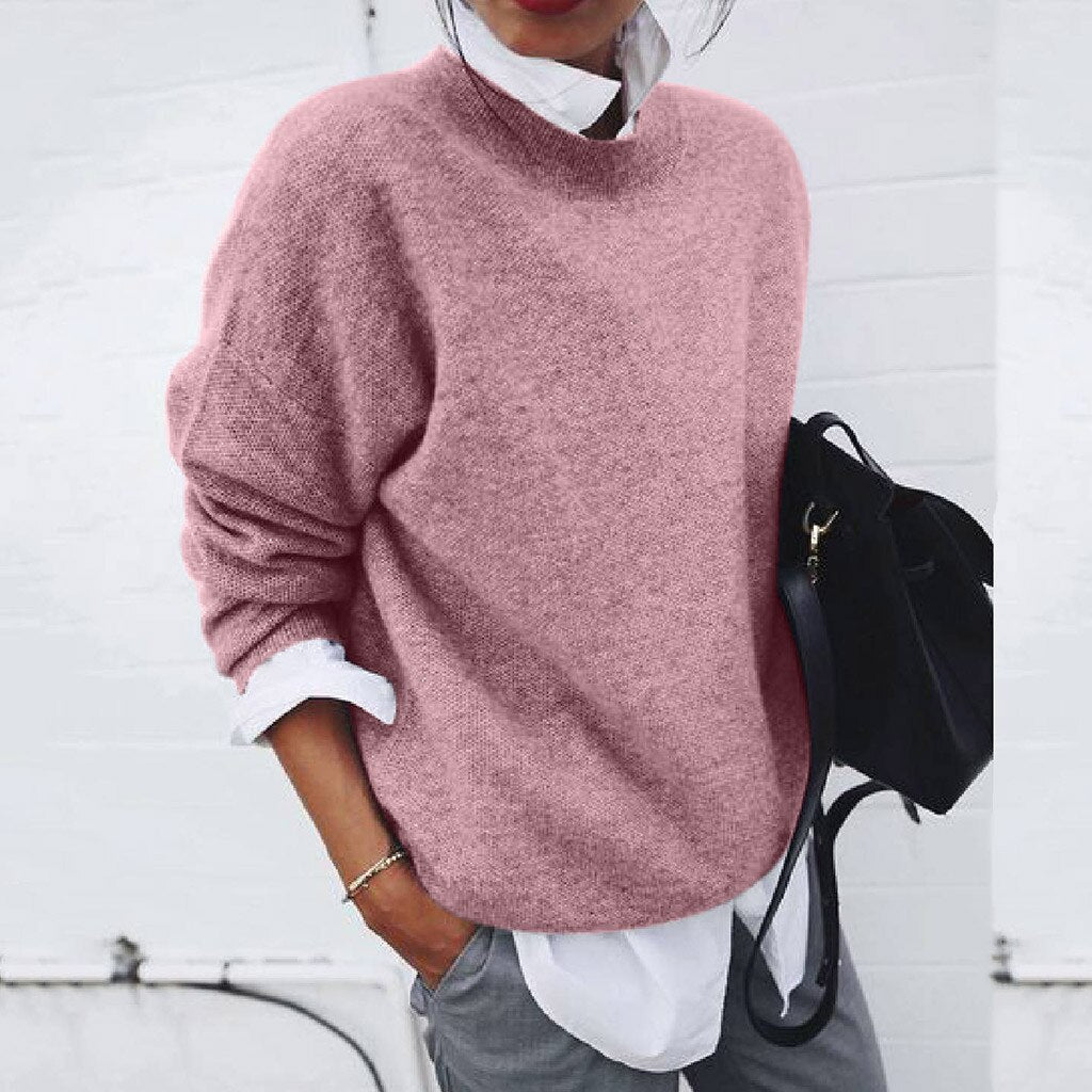 Women's crewneck knit sweater with long sleeves and relaxed fit