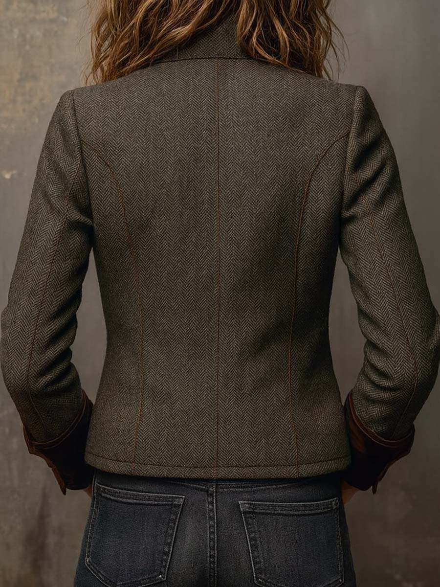 Women's olive herringbone blazer with button front, flap pockets and contrast trim