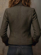 Women's olive herringbone blazer with button front, flap pockets and contrast trim