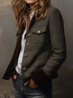 Women's olive herringbone blazer with button front, flap pockets and contrast trim