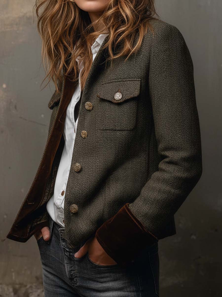 Women's olive herringbone blazer with button front, flap pockets and contrast trim