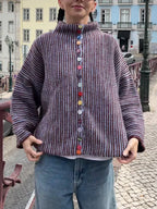 Women's patterned knit cardigan with mock neck and multicolor buttons