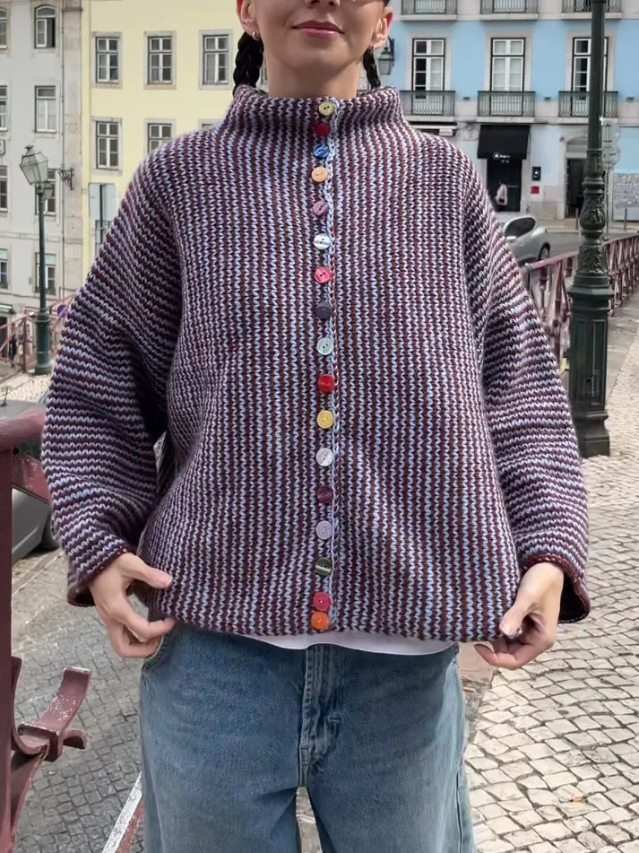 Women's patterned knit cardigan with mock neck and multicolor buttons