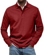 Men's long sleeve polo sweater with collar, button placket and ribbed trims