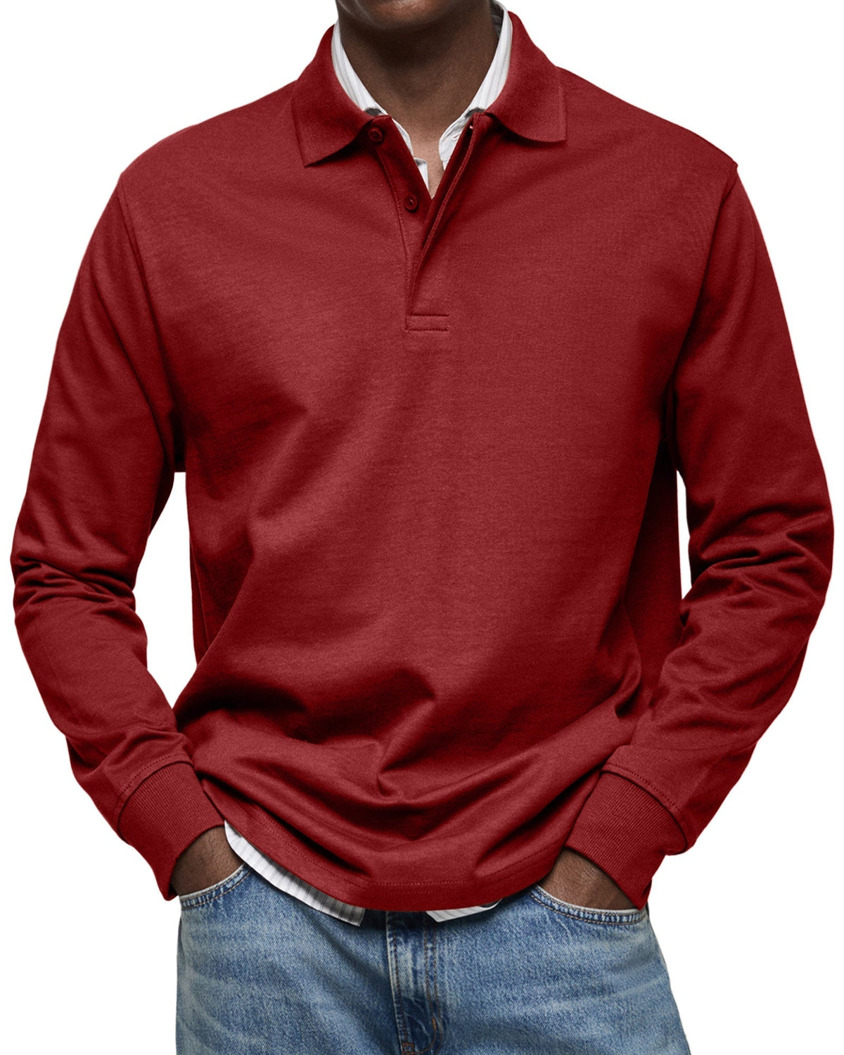 Men's long sleeve polo sweater with collar, button placket and ribbed trims