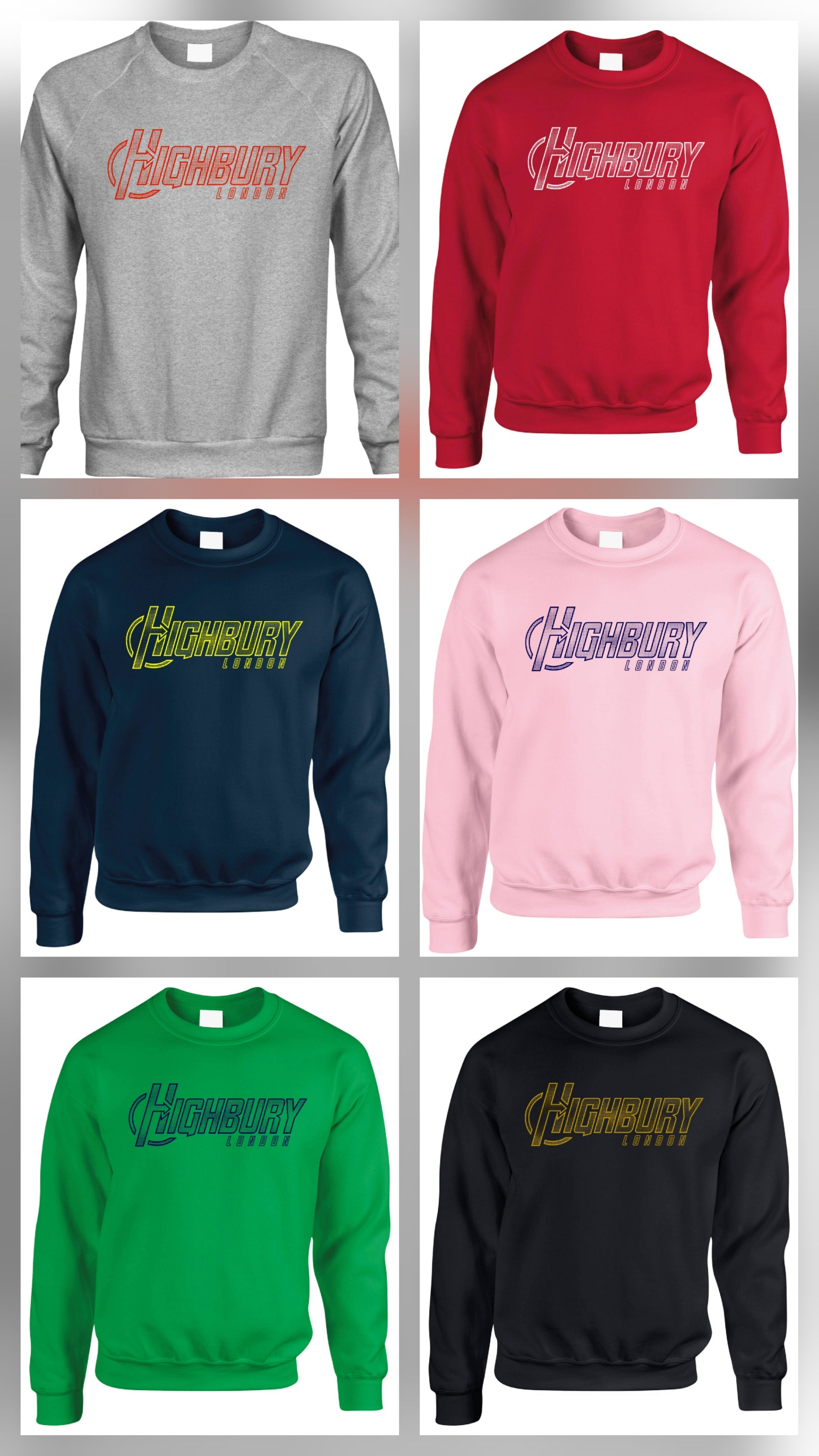 Unisex crew neck sweatshirt with Highbury London front graphic and ribbed trims