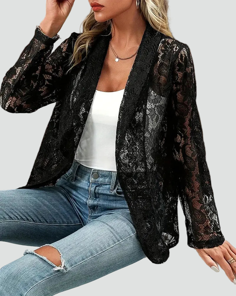 Women's floral lace blazer with open front and long sleeves