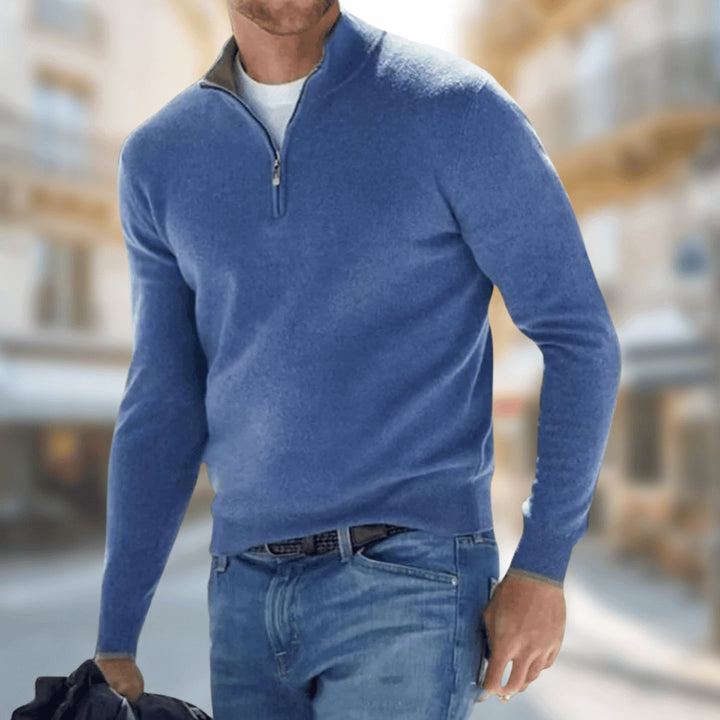 Men's long-sleeve quarter-zip knit sweater with mock neck
