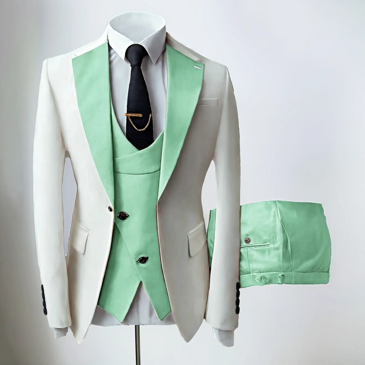 Men's three-piece slim fit suit with notched lapel jacket, waistcoat and trousers