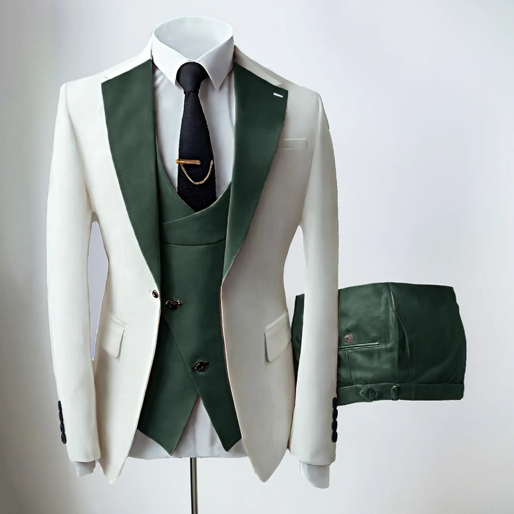Men's three-piece slim fit suit with notched lapel jacket, waistcoat and trousers